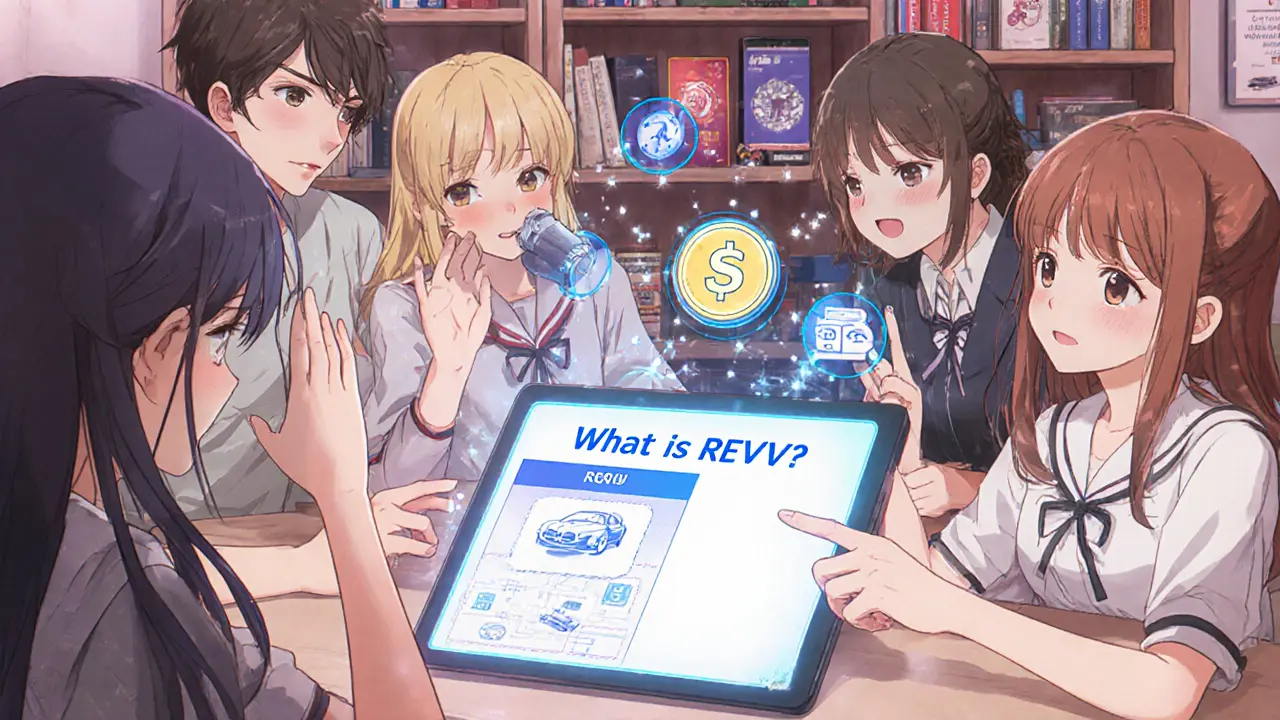 Teenagers learn about REVV tokens through an interactive quiz on a glowing tablet in a cozy classroom.