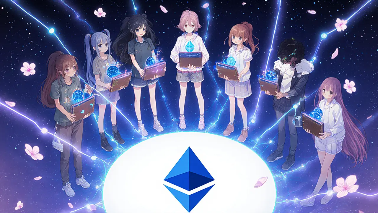 Teens connected by glowing networks of digital assets under a starry blockchain sky.