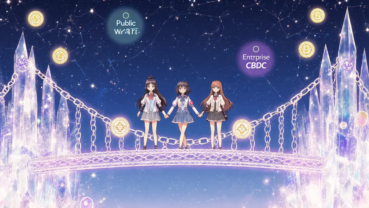 Teens crossing a crystal bridge between public and enterprise blockchain worlds, under a constellation-filled twilight sky.
