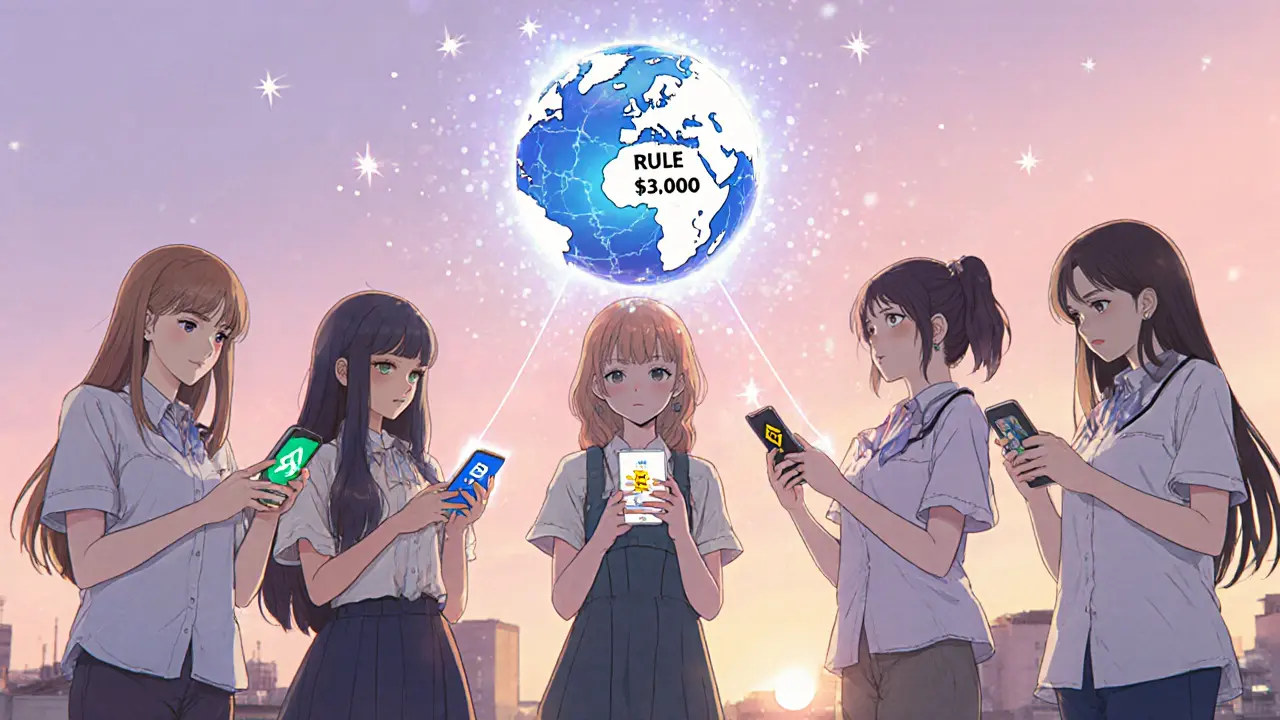 Teens on a rooftop connecting crypto wallets with a glowing ribbon as a globe displays the Travel Rule.