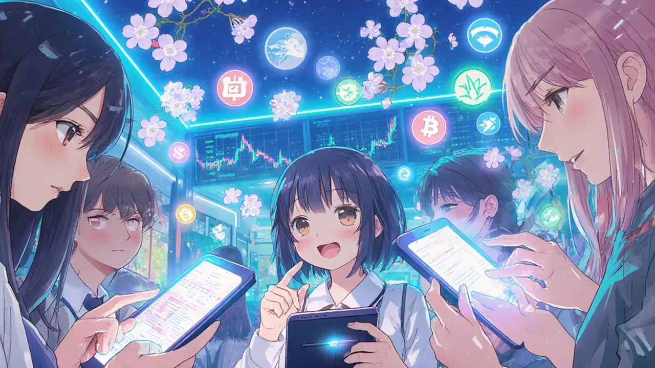 Teens trading BRC-20 tokens in a neon cyber-cafe, with animated token icons blooming like cherry blossoms in the air.