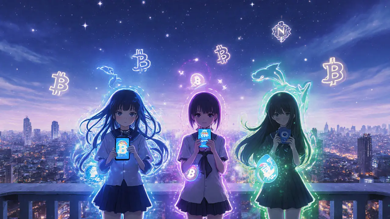 Three anime characters holding VPN apps on a rooftop, their auras forming crypto symbols in the night sky.
