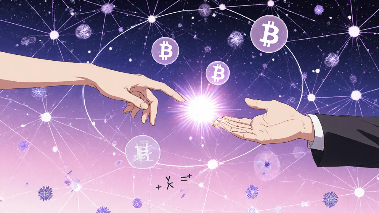 Two hands connect across an elliptic curve, signing a transaction with glowing digital petals in the background.