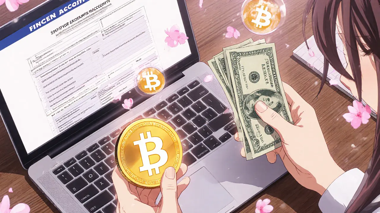 Two hands hold Bitcoin and US dollar, with hybrid account icons forming a bridge in soft pink light.