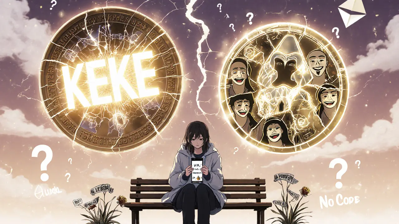 Two identical KEKE tokens—one AI-themed, one meme-covered—floating in a fractured sky above a lonely investor.