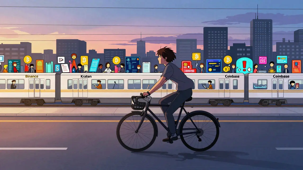 A bicycle with a Bitcoin wheel riding alone on a road while high-speed crypto trains pass by in the background, symbolizing limited options.