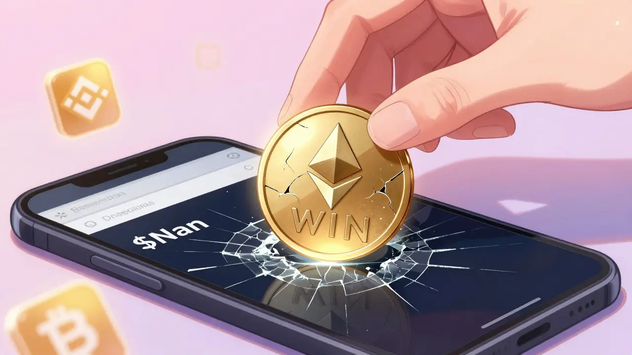 A cracked WIN token reflects $NaN on a broken phone screen.