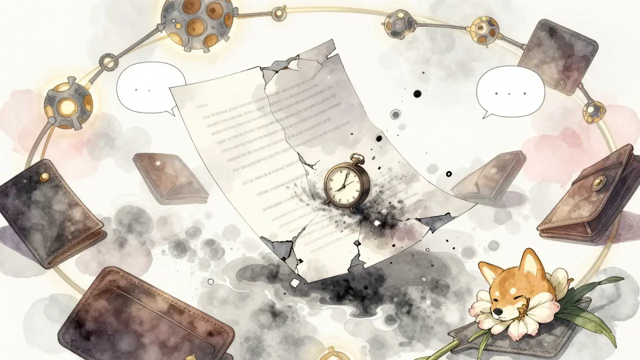 A crumbling whitepaper dissolves into ash beside empty wallets and a wilted Shiba flower.