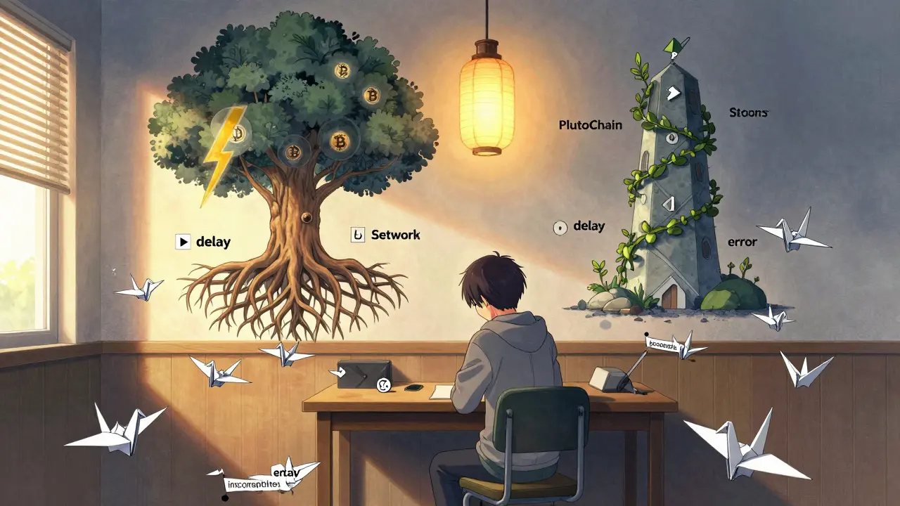 A developer sits among GitHub issue cranes, watching a fragile vine of PlutoChain strain against an Ethereum tower.