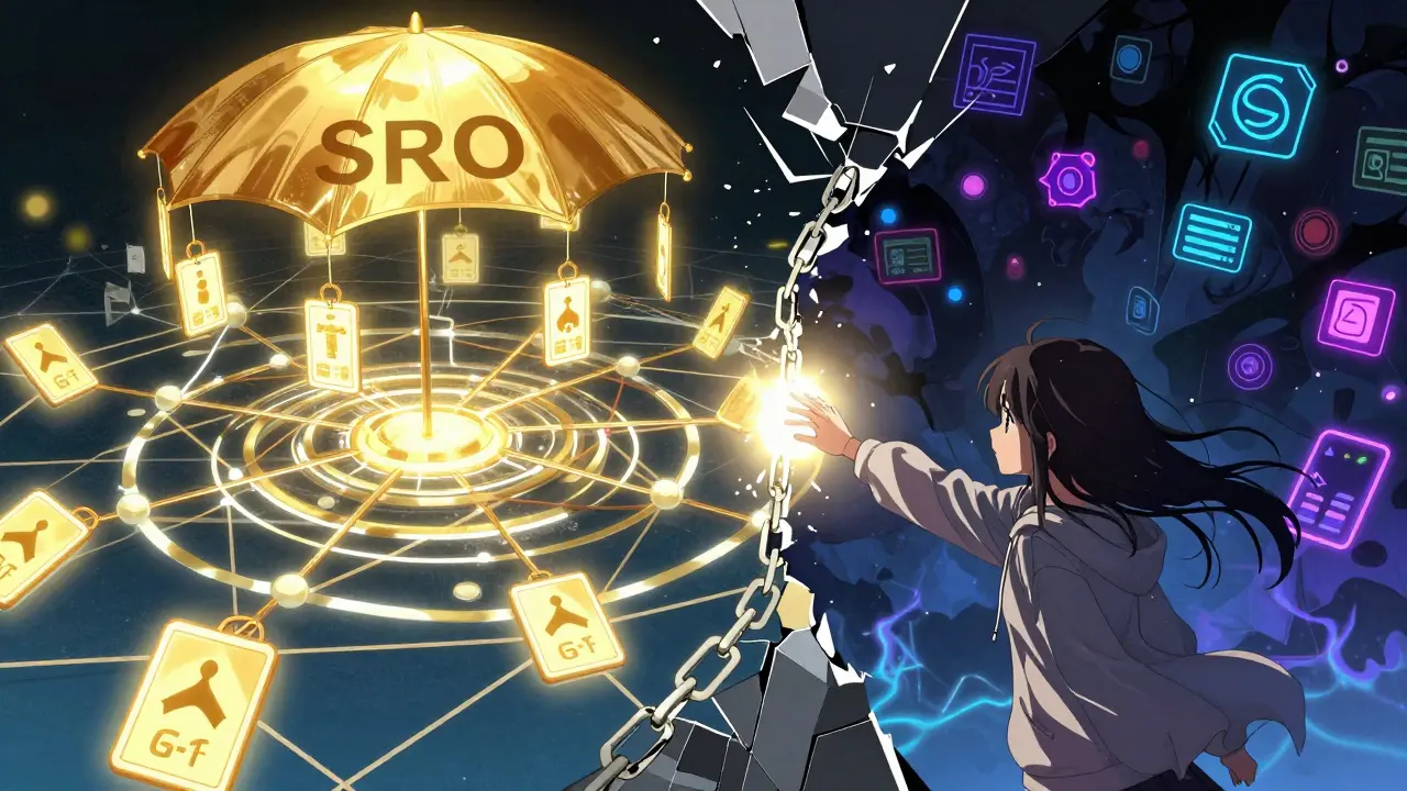 A fractured digital world: one side lit by SRO compliance, the other dark with chaotic DeFi protocols.