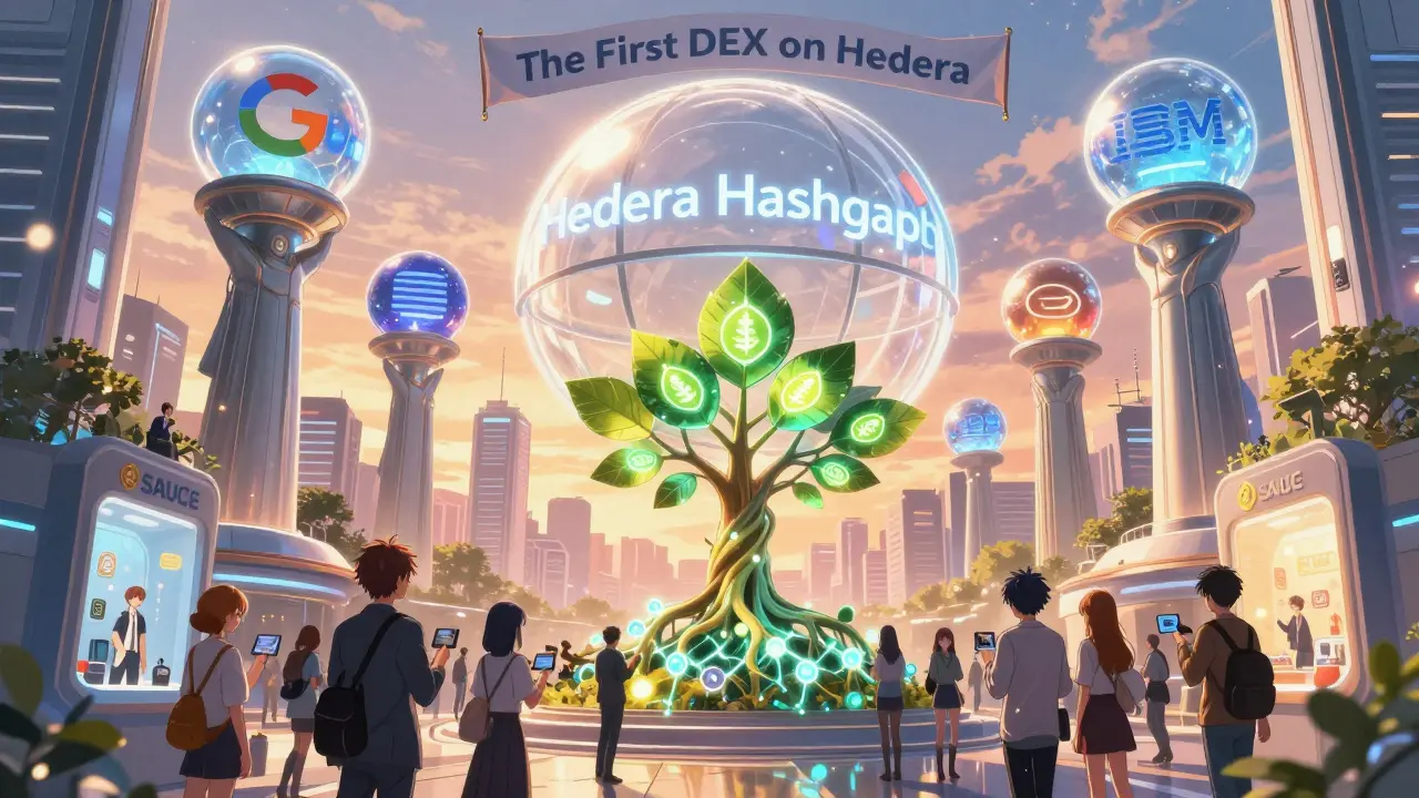 A futuristic city under a Hedera dome, users trading SAUCE tokens beneath a glowing token-tree, with corporate giants as elegant statues in the background.