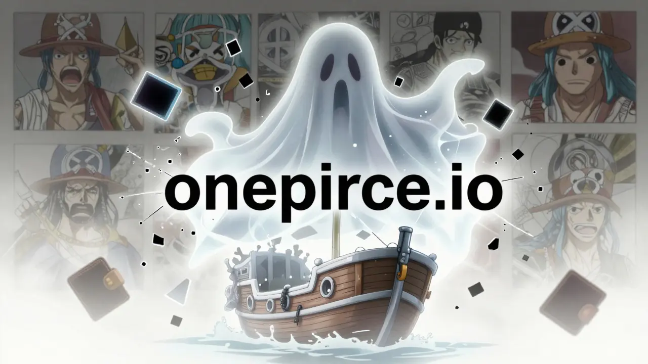 A ghostly pirate ship dissolves into digital pixels above a dead website, surrounded by fading fan art and wallet icons.