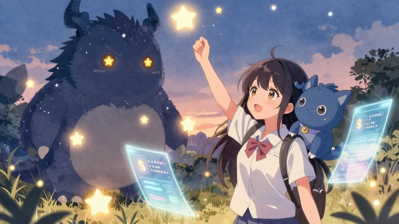 A girl battles a starry monster in a digital arena, with VERSE tokens falling like glowing stars around her.