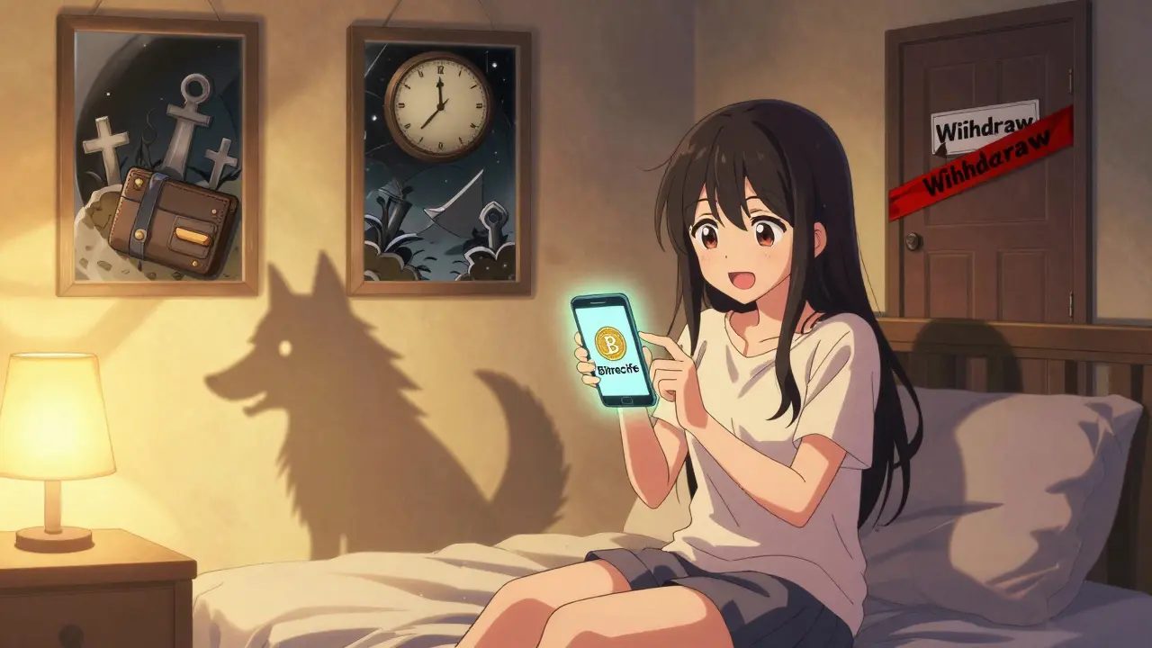 A girl depositing crypto while dark reflections show her future trapped by the scam.