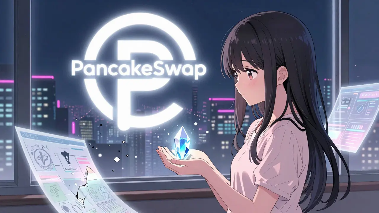 A girl holds a flickering token crystal as holograms fade around her, with PancakeSwap glowing in the distance.