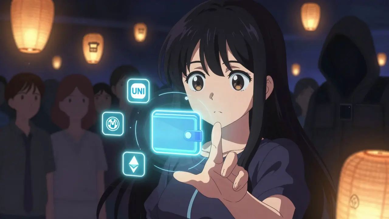 A girl interacting with a floating crypto wallet as token icons and voting lanterns shimmer around her, with a shadowy hacker nearby.
