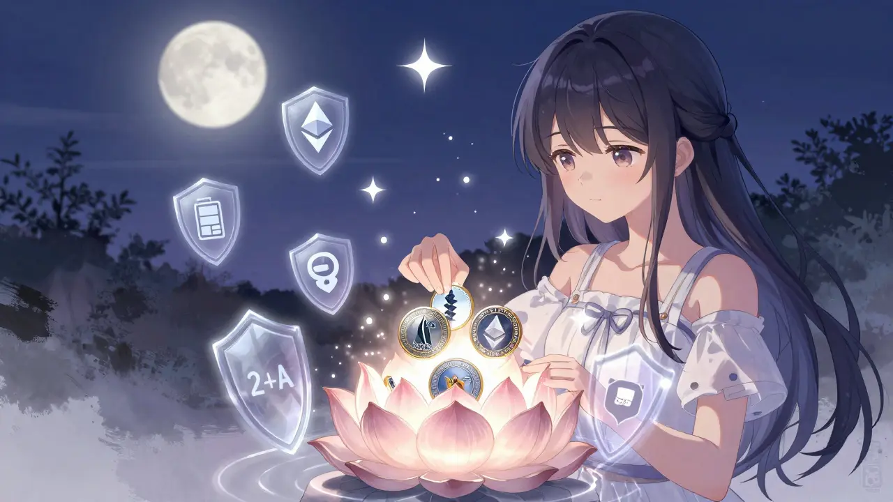 A girl places crypto tokens into a lotus-shaped hardware wallet under a starry sky of crypto symbols.