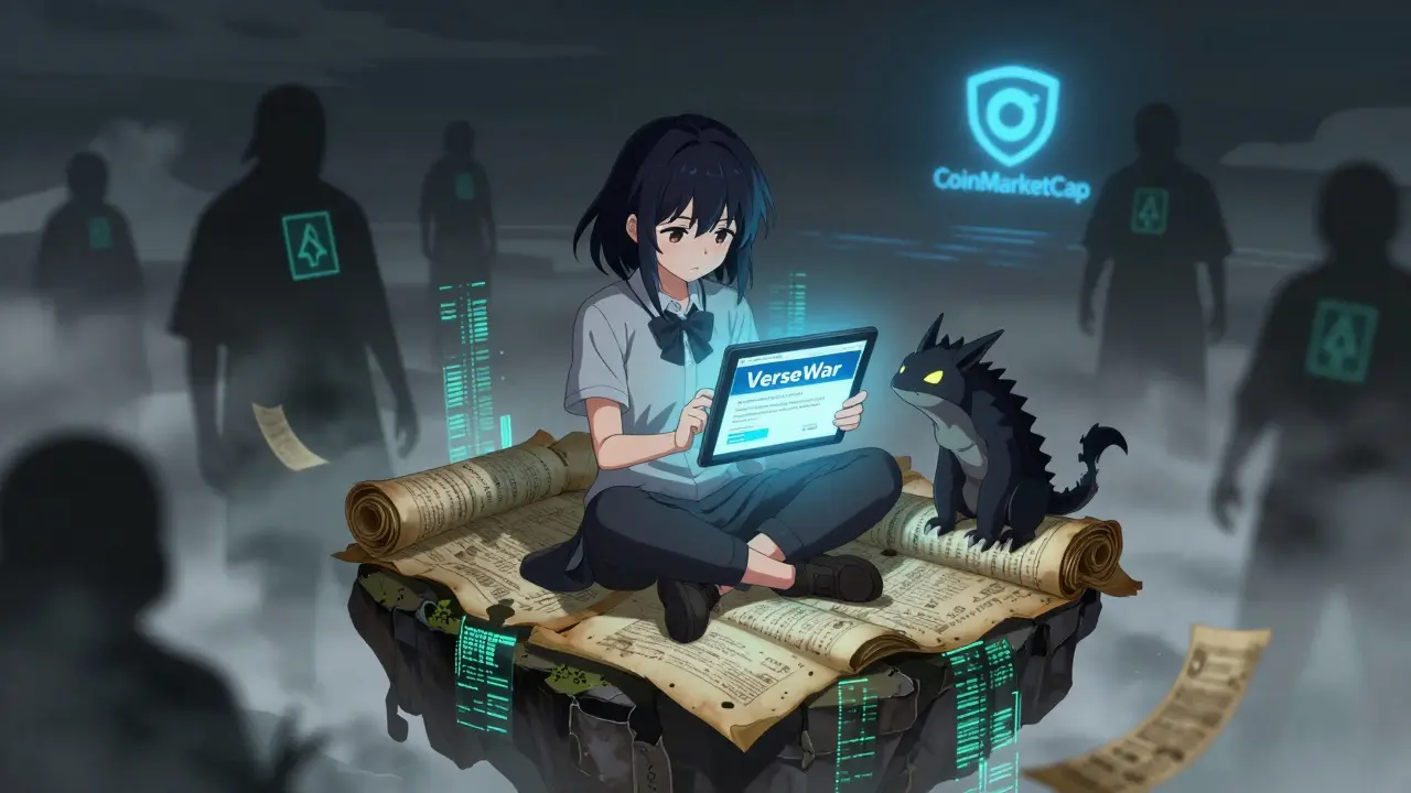 A girl reads the official VerseWar site on a floating tablet while fake airdrop scams fade away in mist.