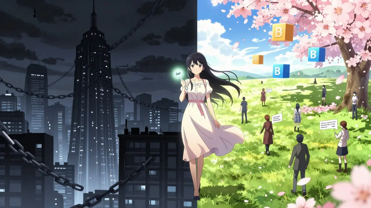 A girl stands between a dark corporate tower and a radiant meadow, holding a key labeled 'My Data'.