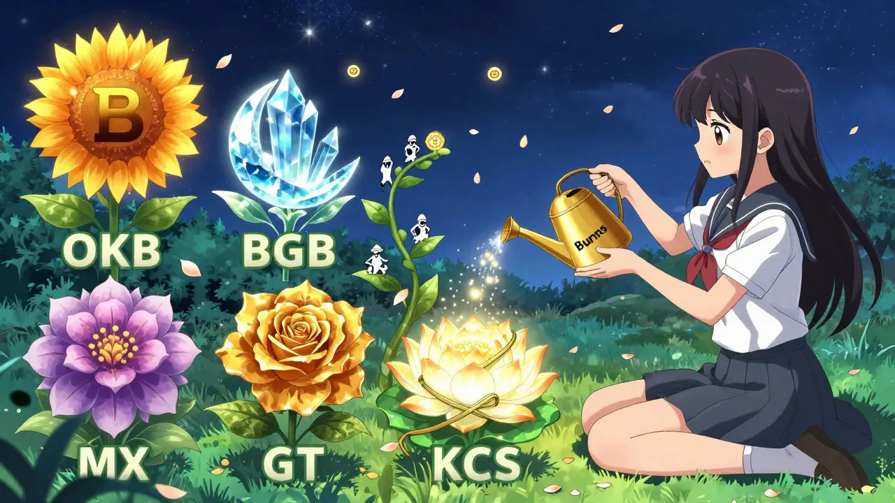 A girl tends to mystical flower tokens representing crypto exchange tokens in a glowing staking garden.
