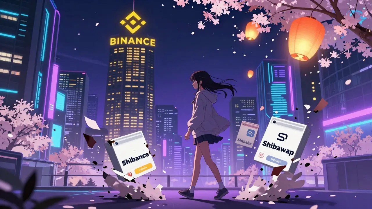 A girl walks through a neon city as fake crypto sites crumble to ash, while the real Binance tower glows warmly in the distance.