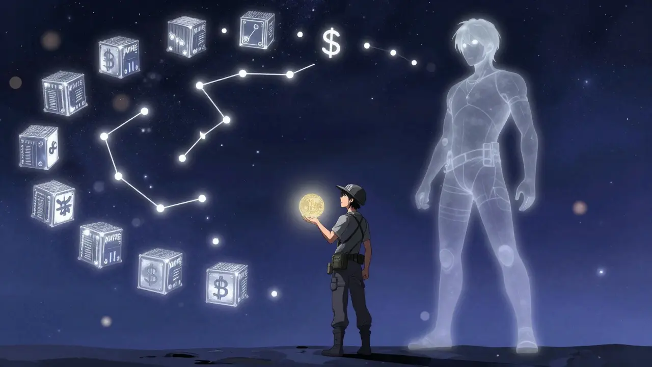 A lone miner holds a Bitcoin block as constellations of miners swirl around them in starry space.