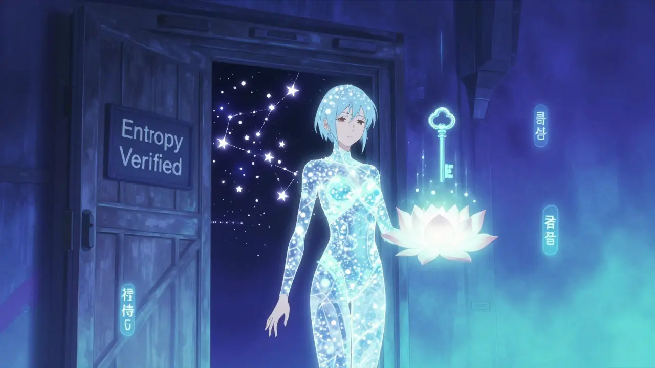 A luminous entity stands before a vault door marked 'Entropy Verified,' holding a blooming lotus key under a starry beacon.