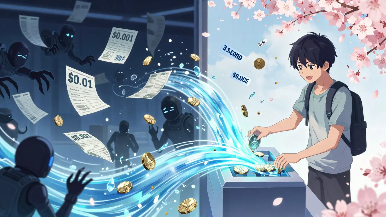 A peaceful scene contrasting chaotic Ethereum fees with smooth SaucerSwap transactions, featuring cherry blossoms and tiny price labels in anime style.