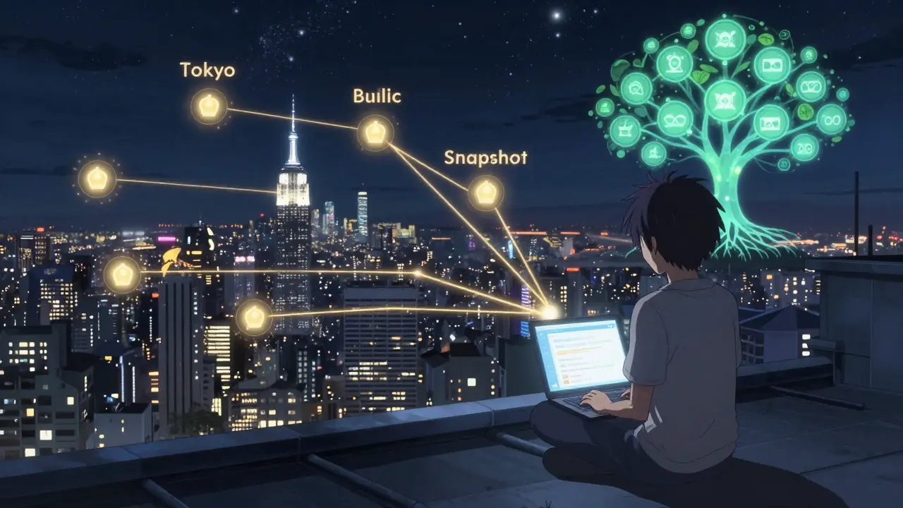 A person voting on a rooftop under stars, connected by golden lines to global cities, with a digital tree of DAOs growing in the distance.