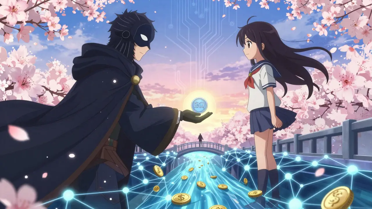 A protagonist receives an EQ token from a celestial guardian atop a blockchain bridge under a starry sky.