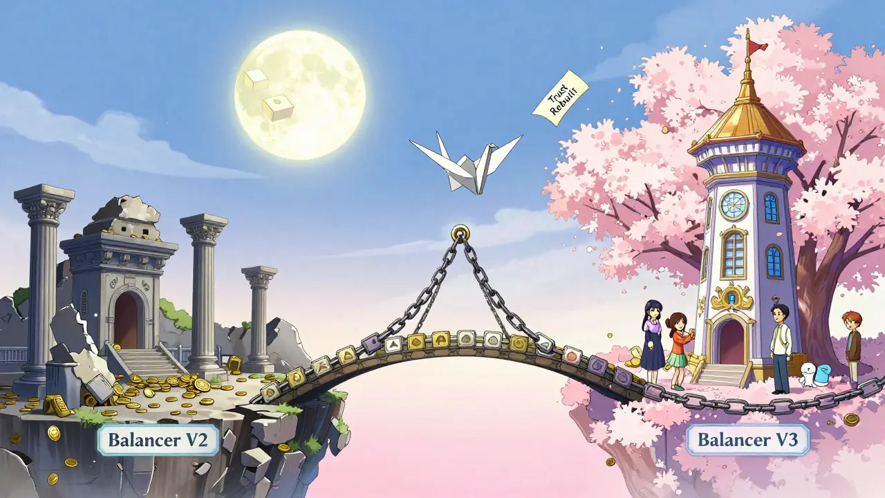 A symbolic bridge from a ruined DeFi temple to a glowing new tower, with cherry blossoms and an origami crane carrying a note of hope.
