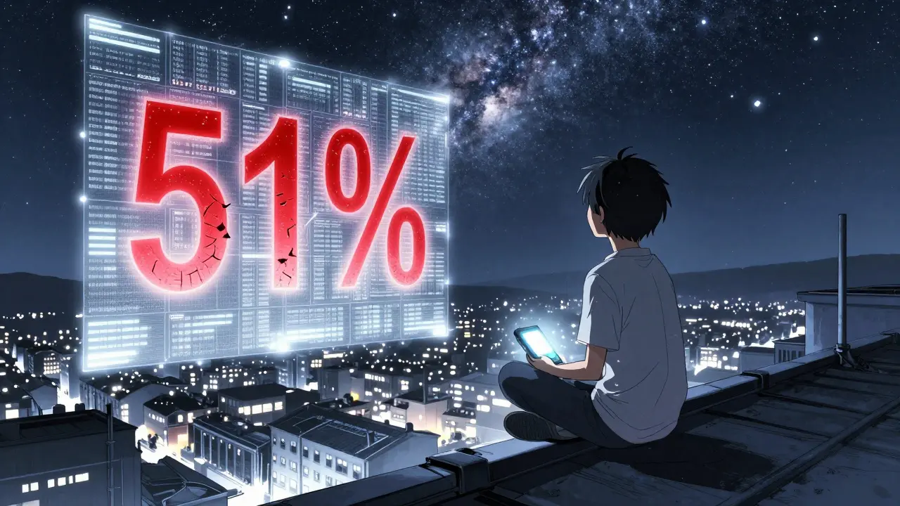 A teen watches a blockchain sky as a massive attack shatters against an invisible wall of mining hardware.