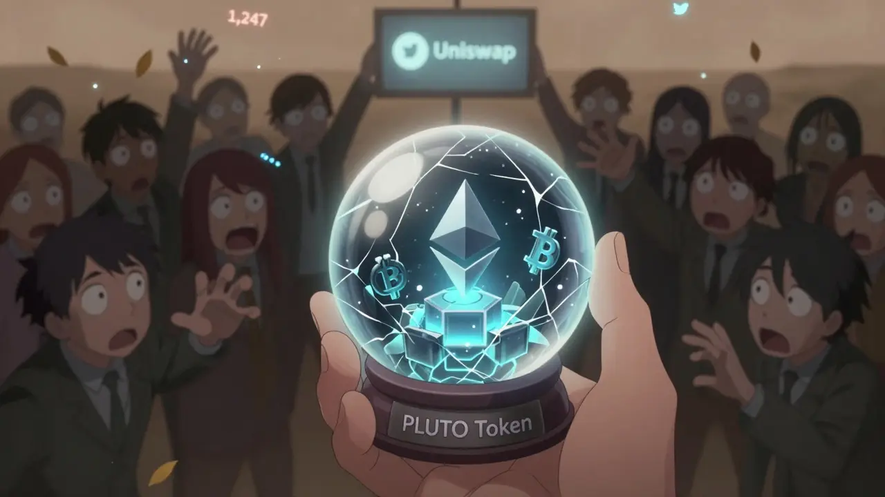 A trembling hand holds a cracked PLUTO token orb as shadowy traders reach for it, surrounded by fading digital tweets.