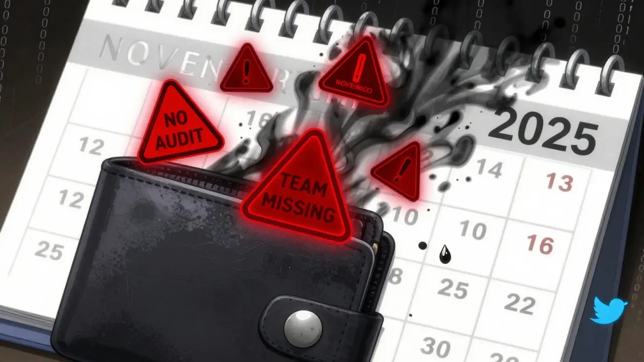 A wallet connected to a dark smart contract with warning symbols floating around it.