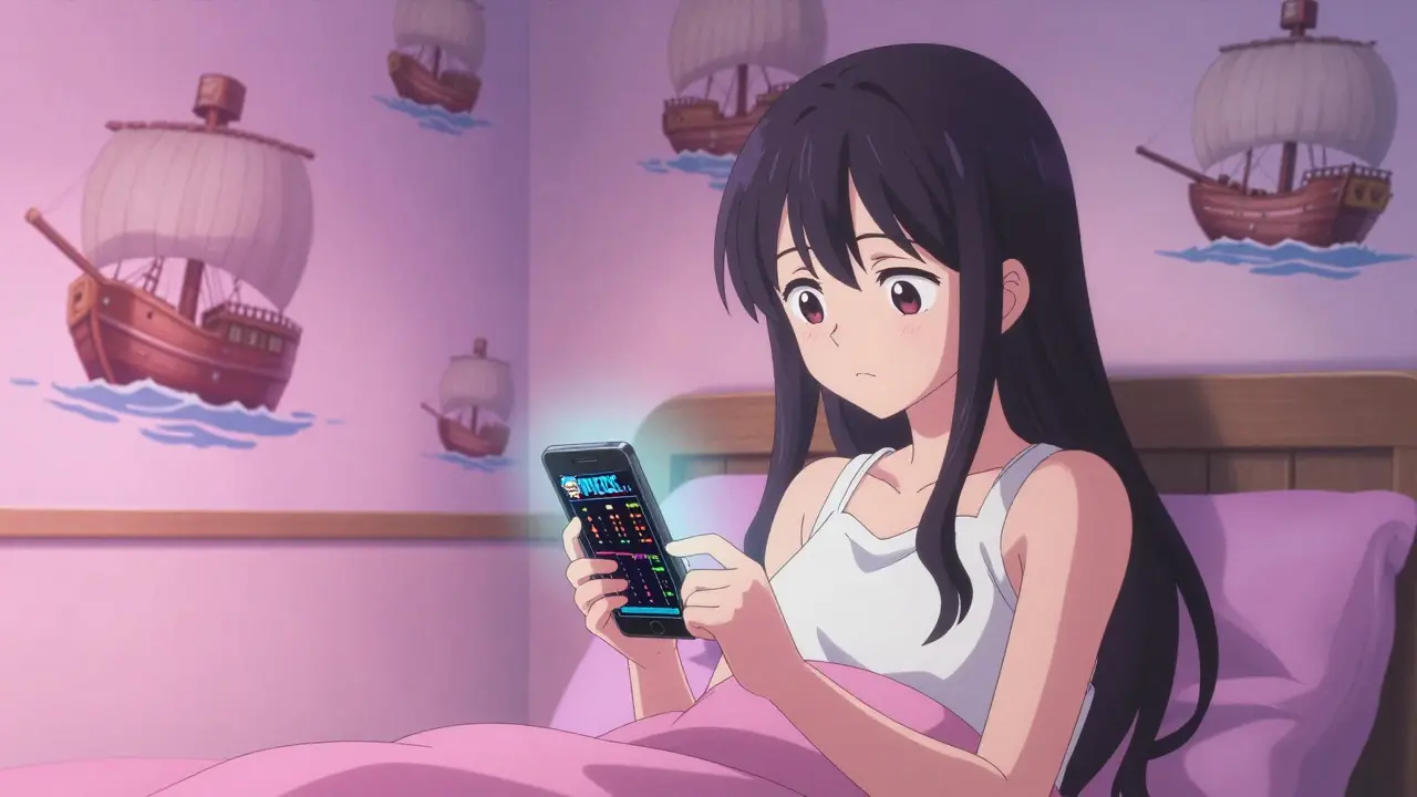 A young fan stares at a crypto chart on their phone, with anime pirate ships sailing across their bedroom walls.