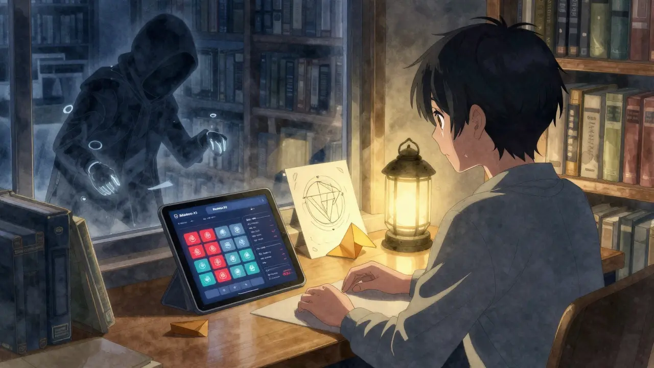 A young trader in a dim library, staring at a cracked screen showing frozen crypto pools, while validators freeze a hacker outside the window.