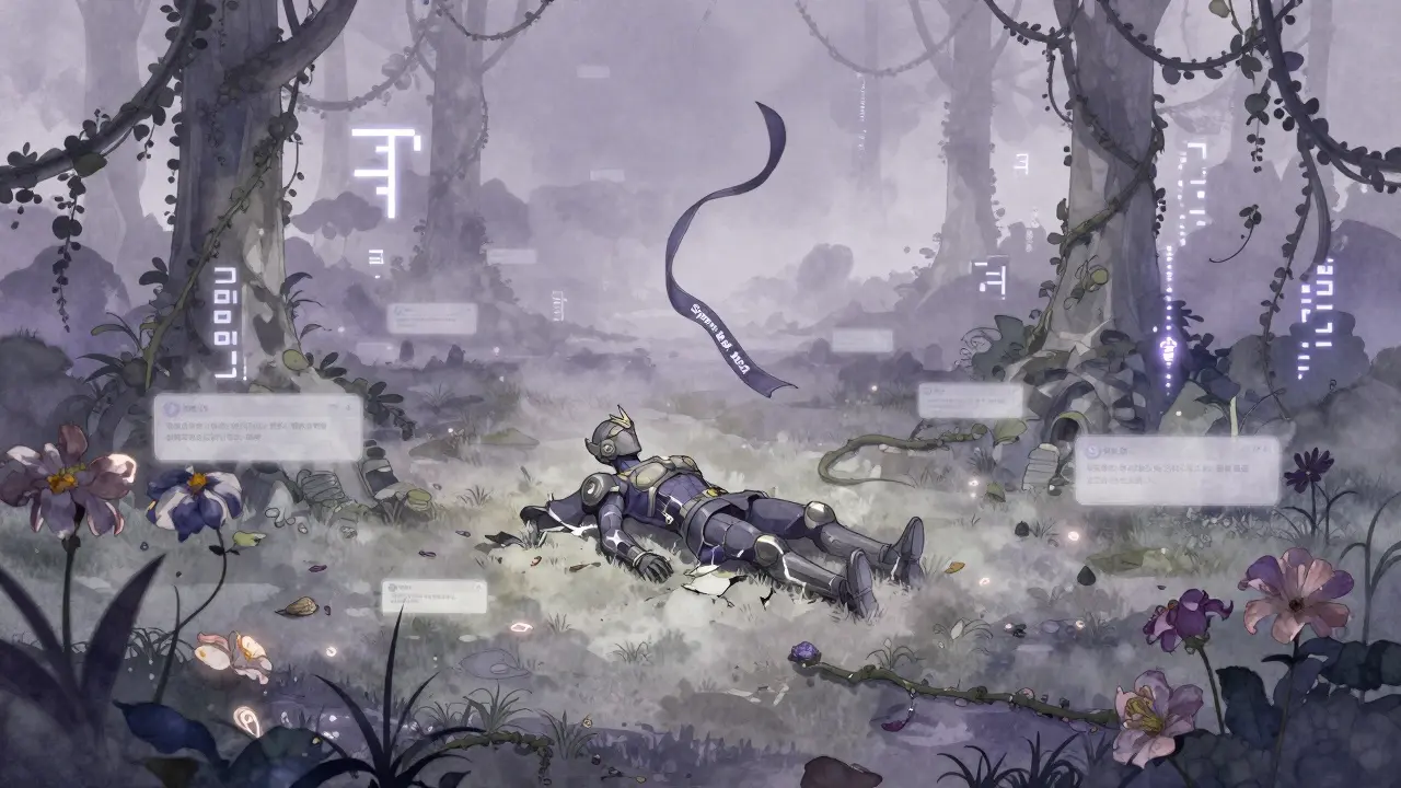 An abandoned NFT Hero statue lies in a ruined game world, covered in vines and fading runes.