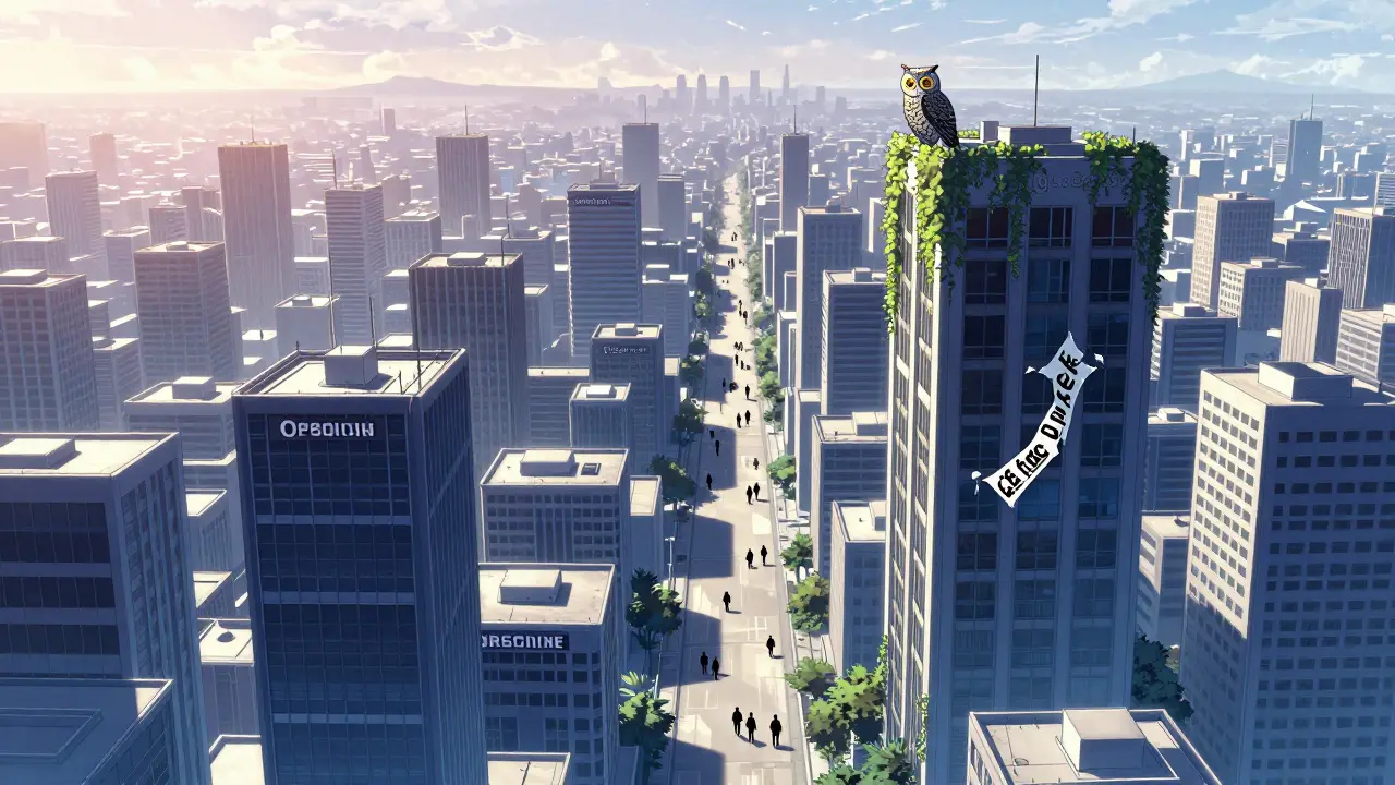 An abandoned Winstex Tower looms over a silent digital city at sunrise.