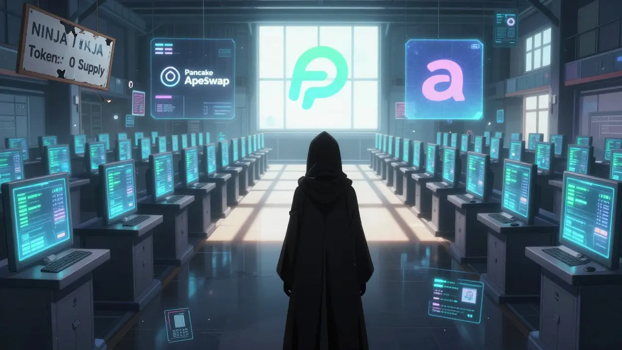 An empty digital marketplace with silent trading terminals and distant active DEXs shining in the background.