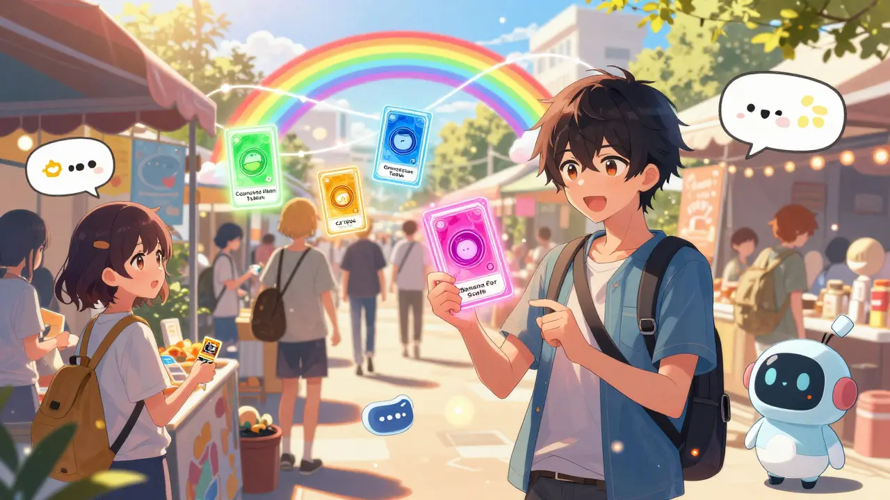 Anime-style users browse floating memecoin tokens under a rainbow bonding curve in a vibrant virtual market.