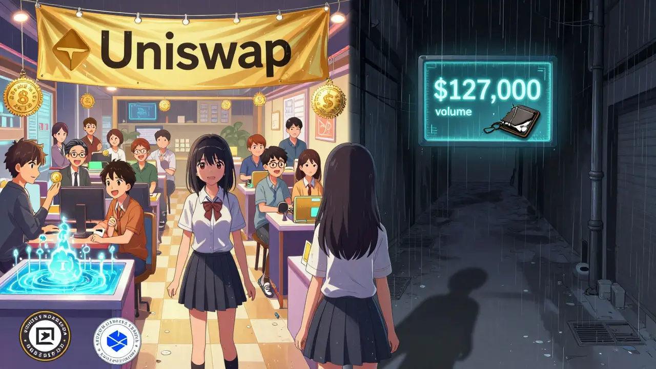 Contrasting scenes: a vibrant DeFi market on one side, a dark empty alley with a broken wallet on the other.