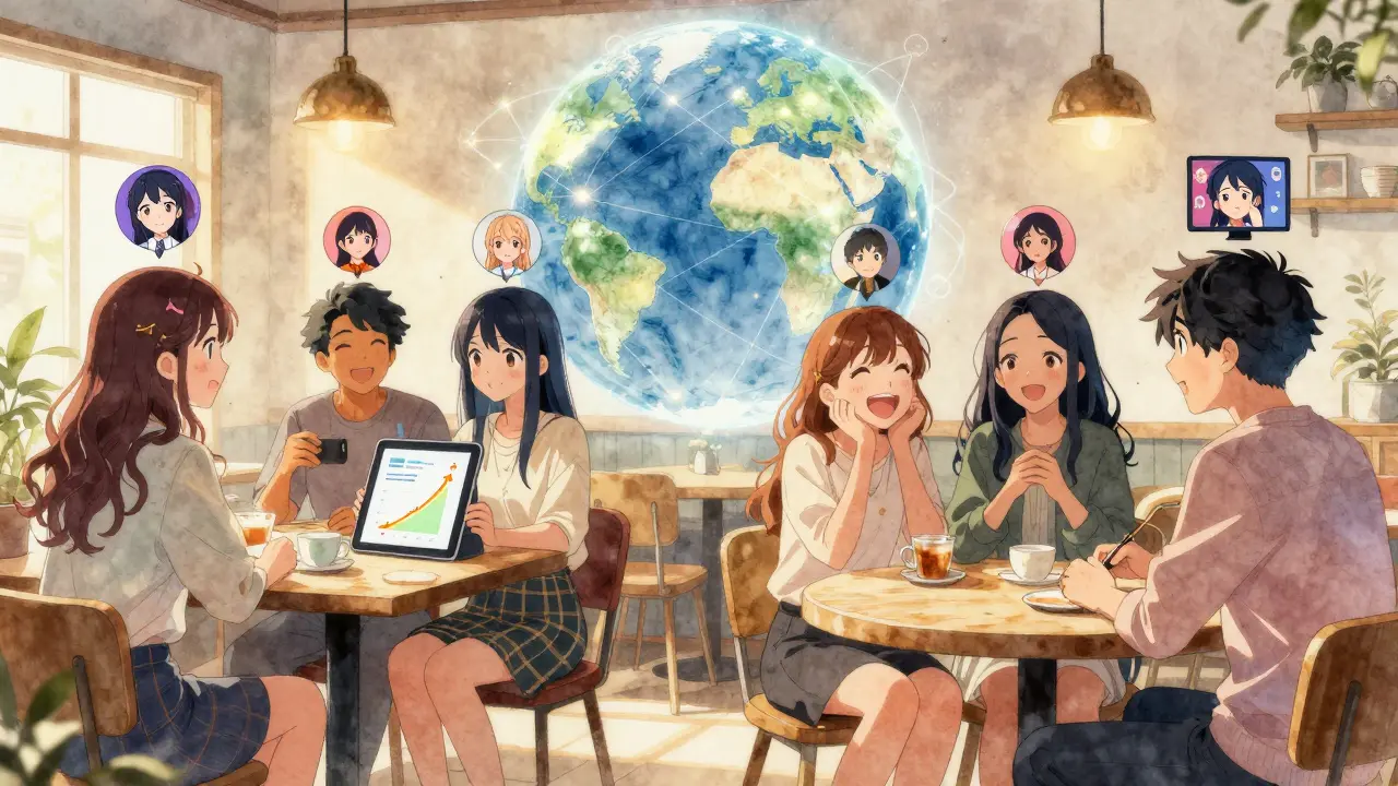 Friends in a café laugh as their animated NFT avatars float above them, symbolizing decentralized social connection.