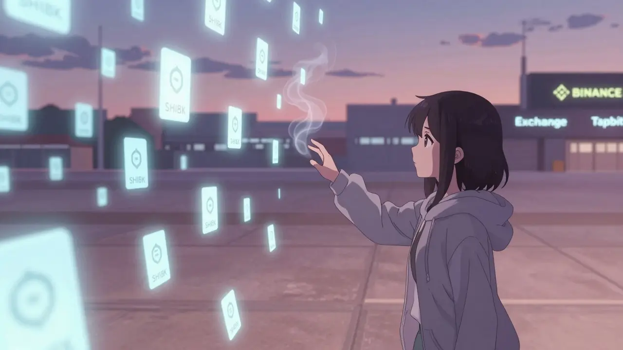Ghostly SHIBK tokens drift through a silent digital marketplace as a girl reaches out in vain.