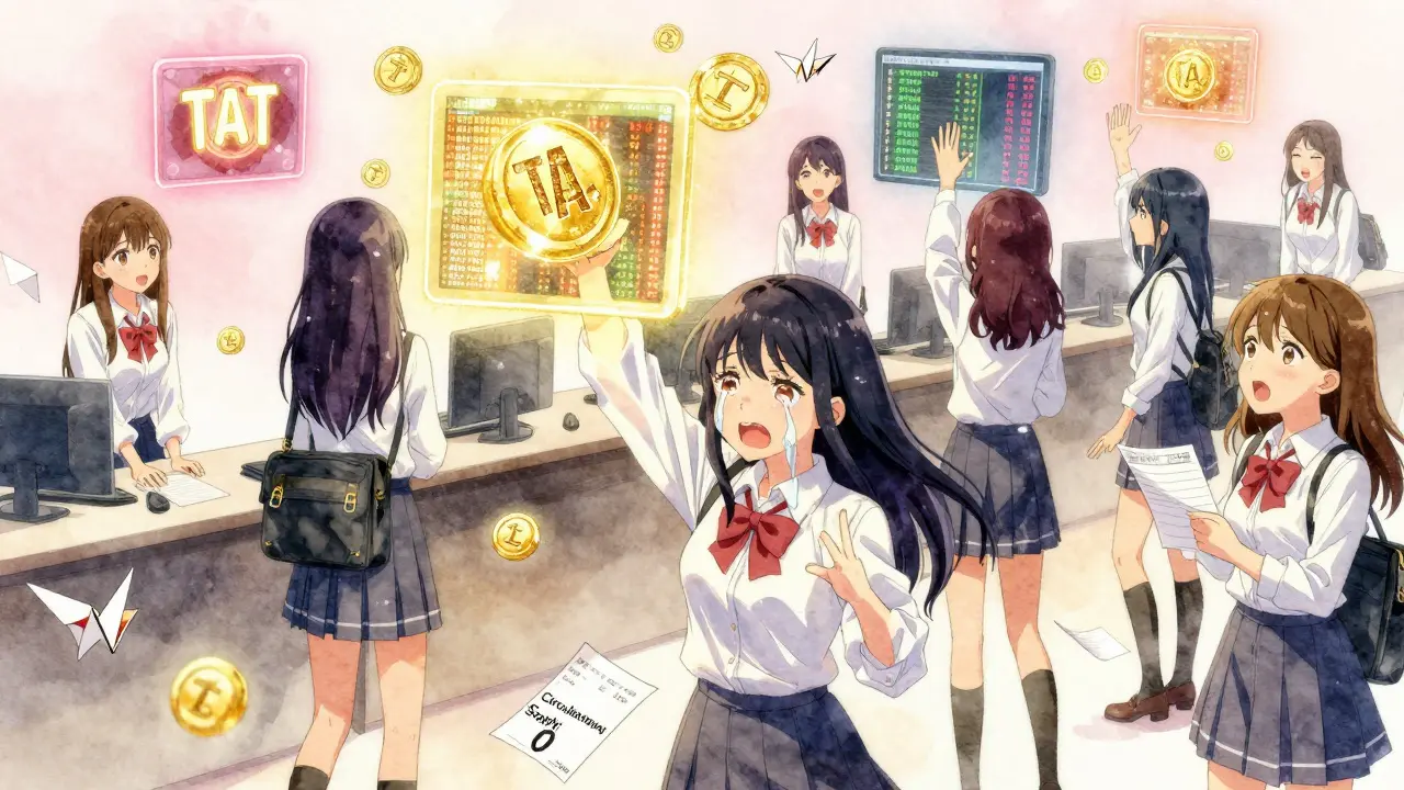 Girls trading invisible TAT tokens on floating screens, one crying as supply reads zero.