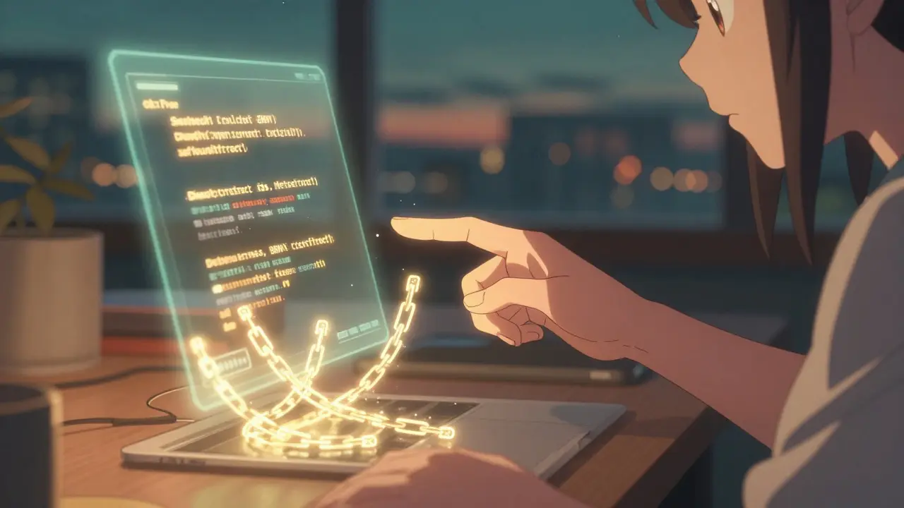 Hand connecting a wallet to a holographic DeFi interface with glowing blockchain chains beneath.