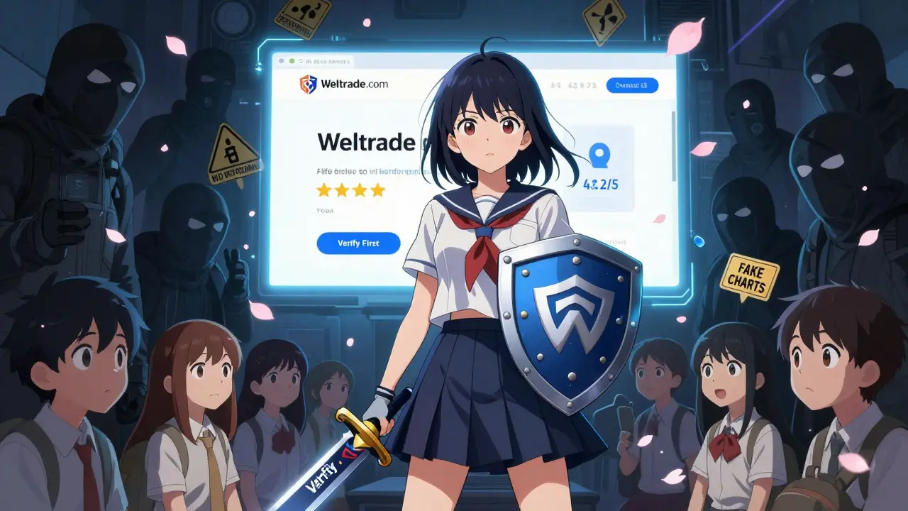 Heroine blocks scam influencers with a Weltrade shield, protecting students from a digital abyss filled with warning signs.