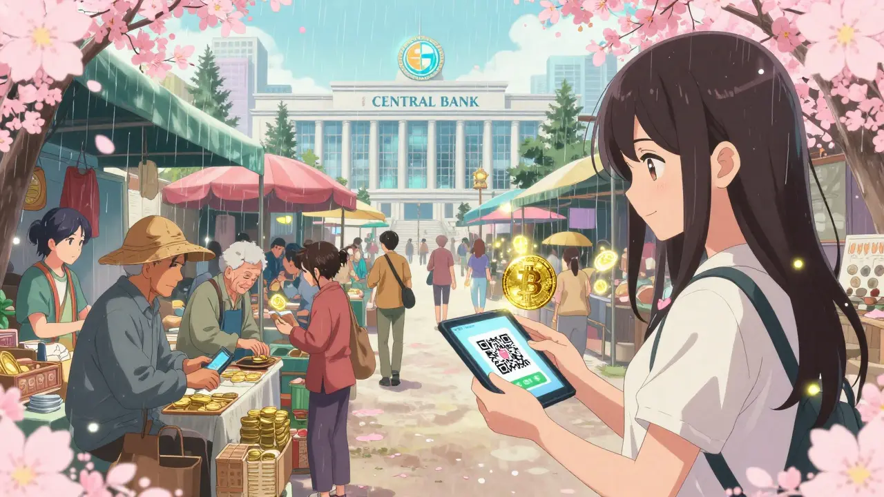 Market vendors in La Paz accepting crypto payments, customers of all ages smiling as digital coins shimmer in the air.