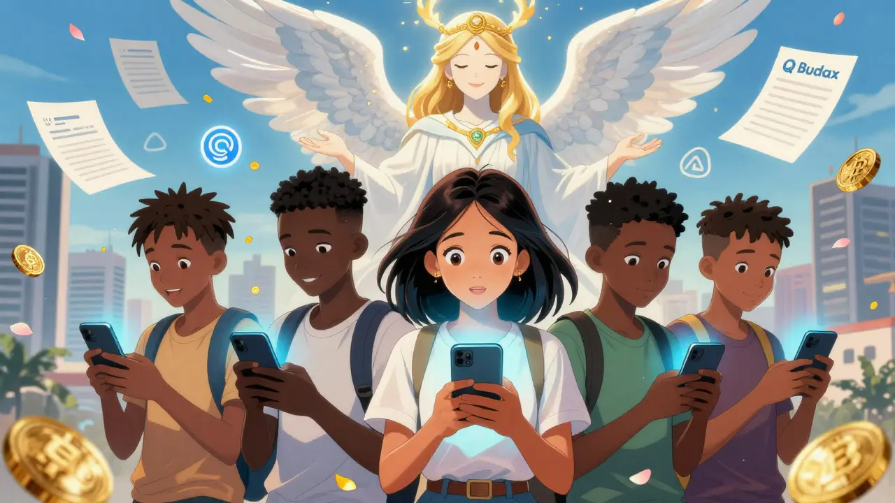 Nigerian teens trading crypto on licensed apps, watched over by a celestial SEC guardian in a glowing city.