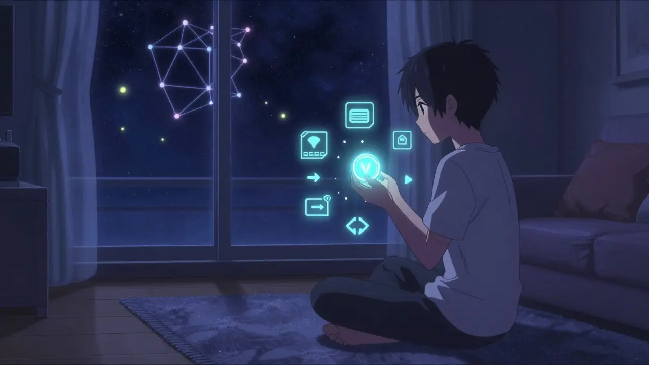 Someone holding a VOLT token at night, surrounded by floating DeFi icons in a cozy, starry room.