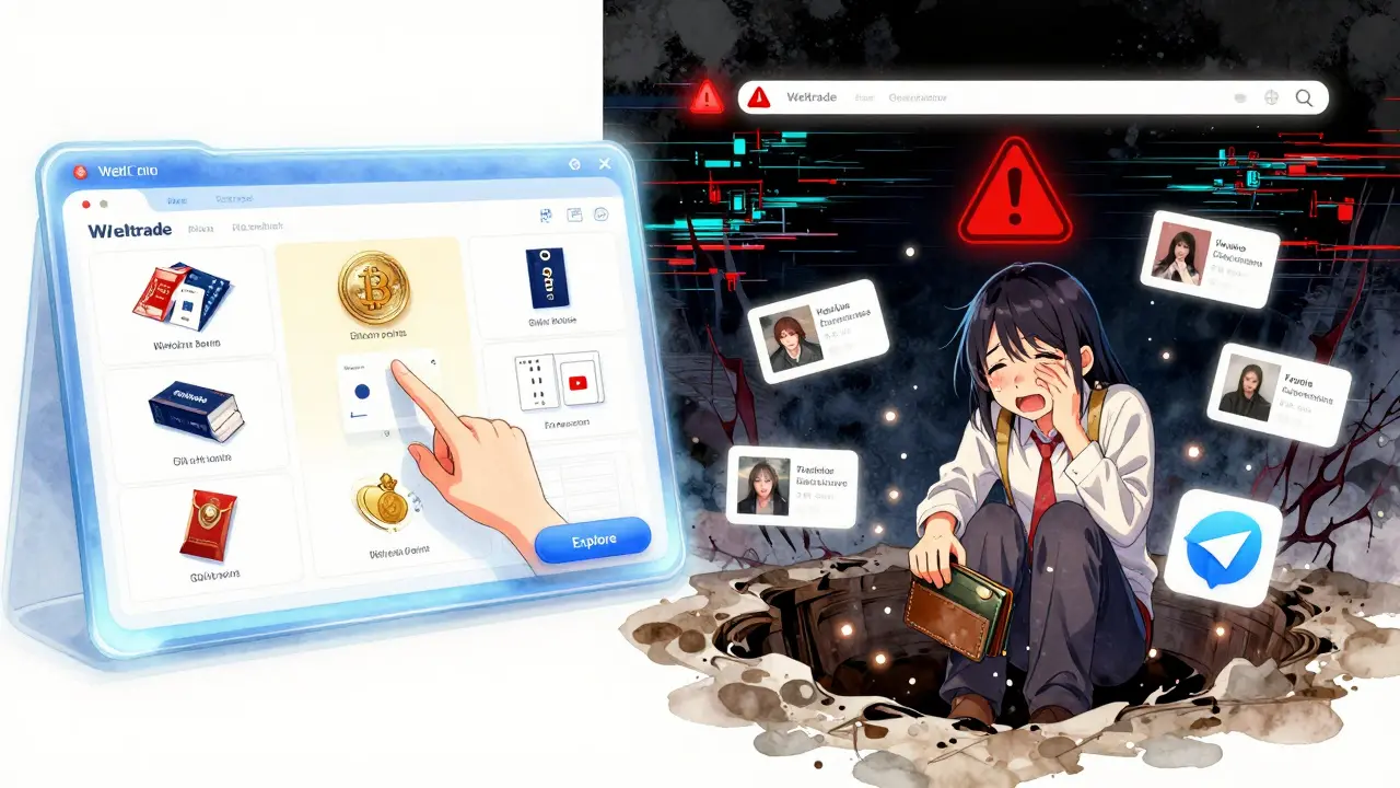 Split scene: real Welcoin rewards turning into vouchers vs. fake exchange draining crypto into a dark pit.